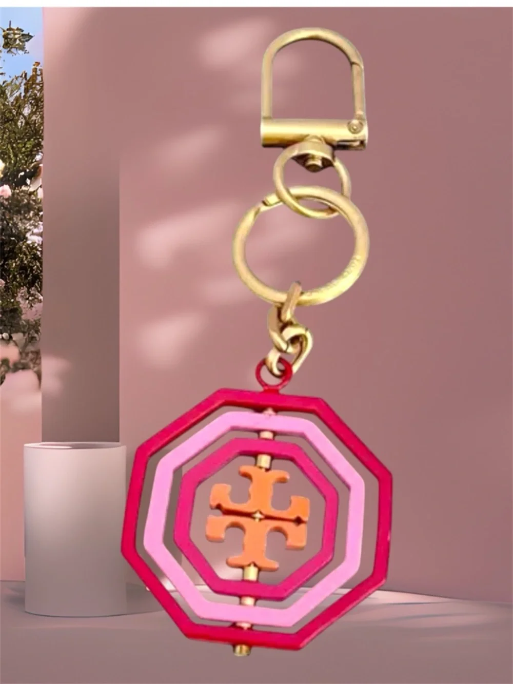 TORY BURCH ROTATING GEOMETRY KEYCHAIN CHARM GOLD RING